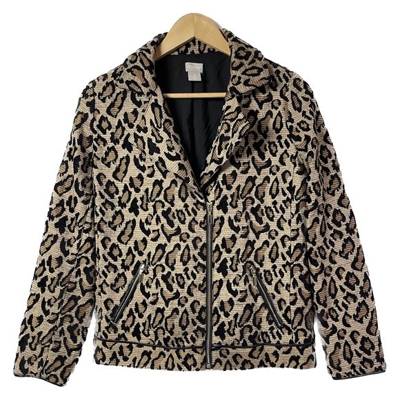 Chicos 0 Leopard Animal Print Jacquard Moto Jacket US Size 4 6 Small - Picture 3 of 10